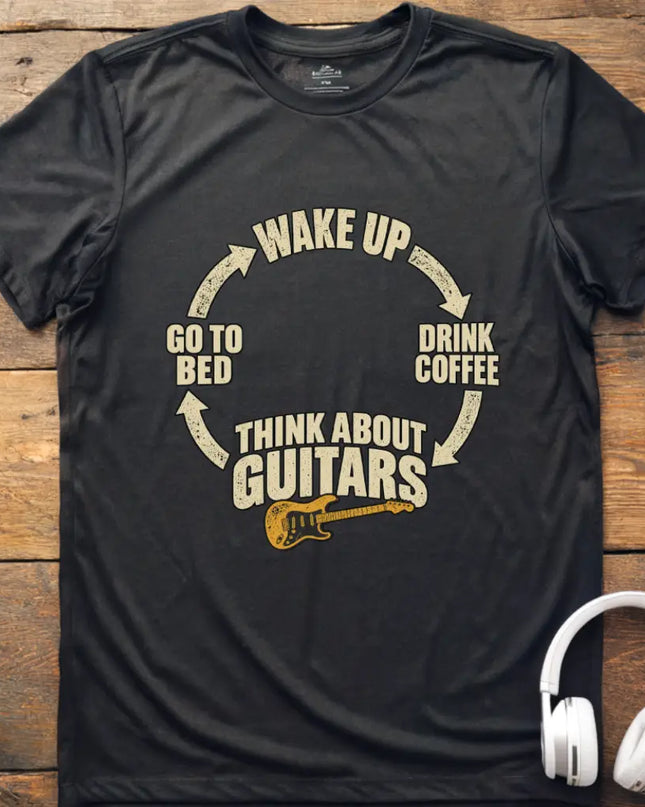 Chordwear Think About Guitars T-shirt in Black — wake up, drink coffee, think about guitars daily cycle graphic