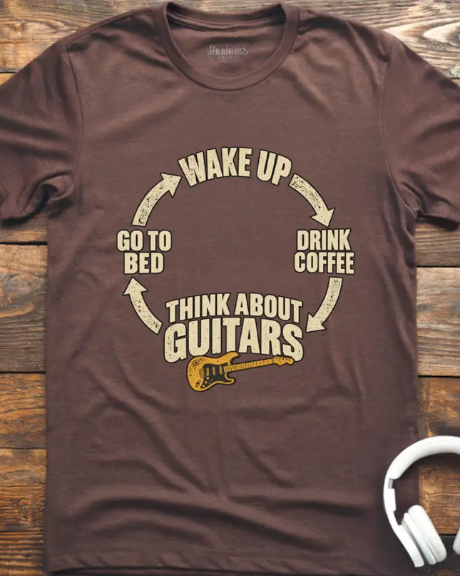 Chordwear Think About Guitars T-shirt in Dark Chocolate — wake up, drink coffee, think about guitars daily cycle graphic