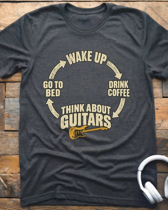 Chordwear Think About Guitars T-shirt in Dark Heather — wake up, drink coffee, think about guitars daily cycle graphic