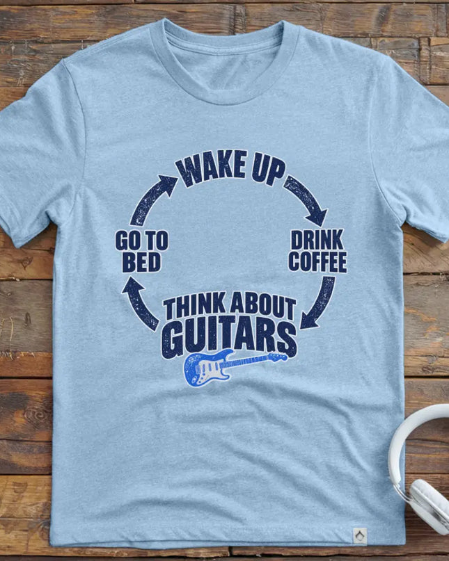 Chordwear Think About Guitars T-shirt in Light Blue — wake up, drink coffee, think about guitars daily cycle graphic