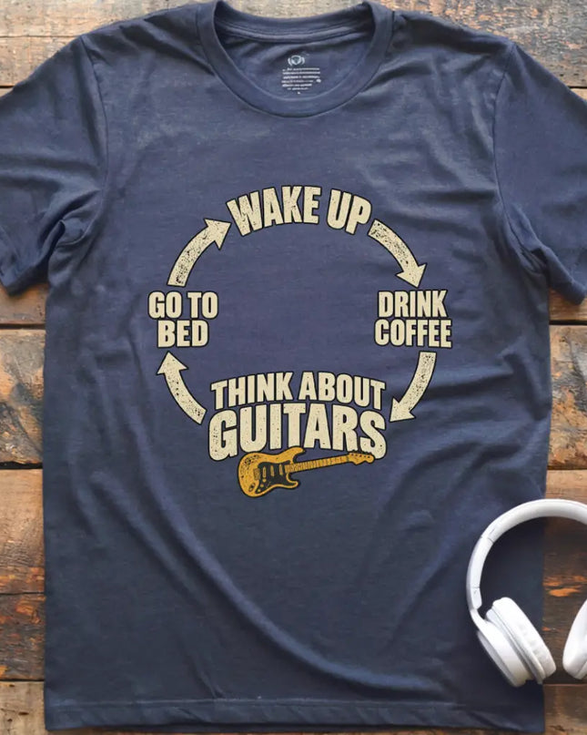 Chordwear Think About Guitars T-shirt in Navy — wake up, drink coffee, think about guitars daily cycle graphic