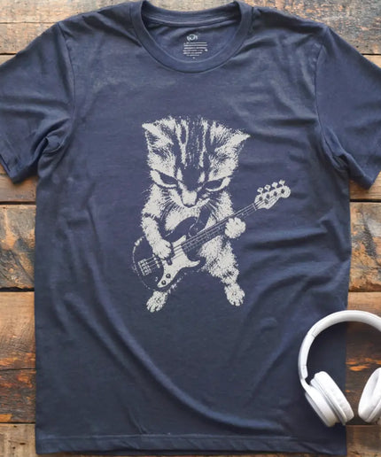 Chordwear Pussy Cat Bass T-shirt in navy — kitten playing a bass guitar in black-and-white halftone