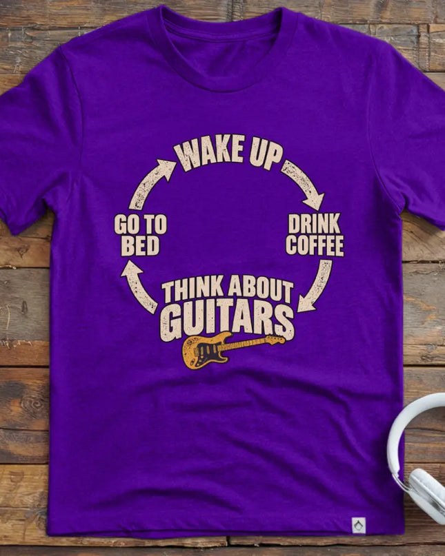 Chordwear Think About Guitars T-shirt in Purple — wake up, drink coffee, think about guitars daily cycle graphic