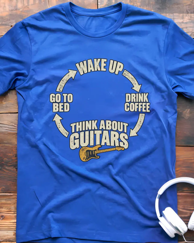 Chordwear Think About Guitars T-shirt in Royal — wake up, drink coffee, think about guitars daily cycle graphic