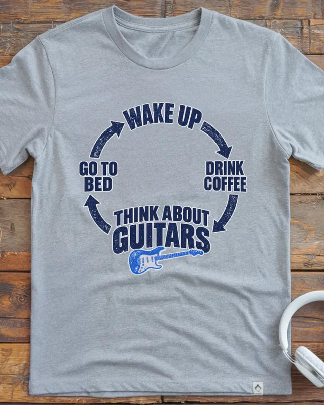 Chordwear Think About Guitars T-shirt in Rs Sport Grey — wake up, drink coffee, think about guitars daily cycle graphic